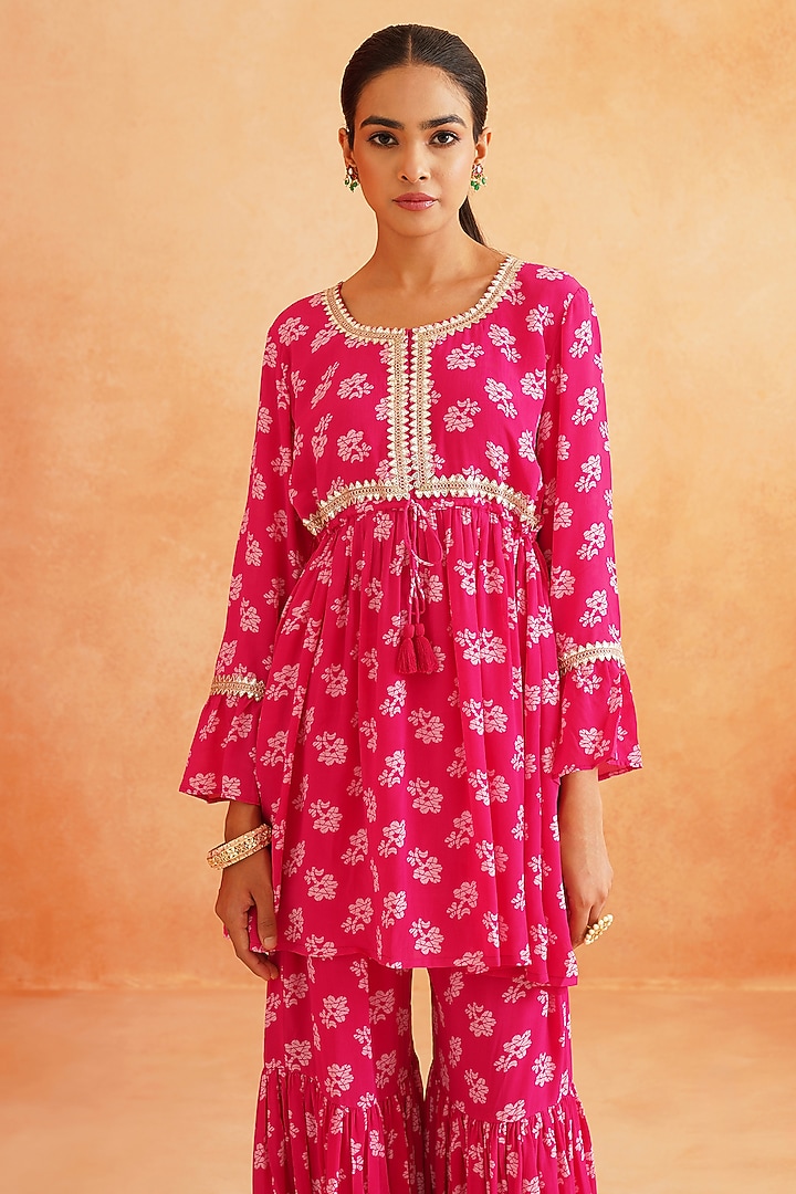 Hot Pink Crepe Printed Gharara Set by Palak & Mehak at Pernia's Pop Up Shop