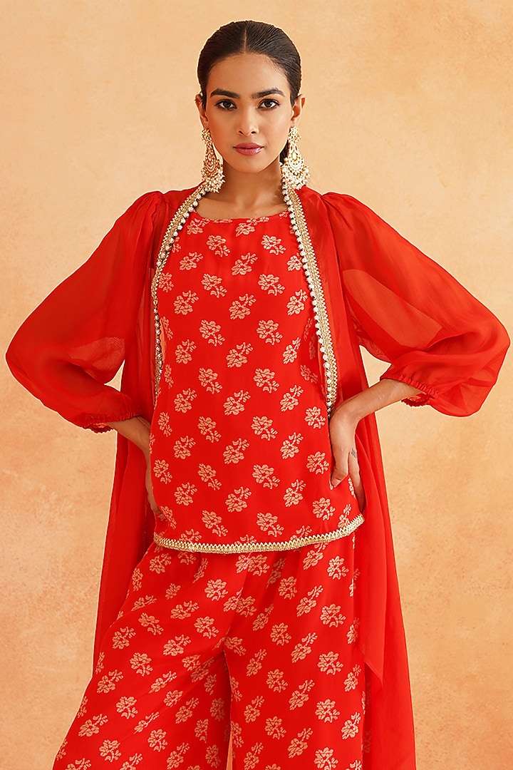 Scarlet Red Pure Organza Cape Set by Palak & Mehak at Pernia's Pop Up Shop