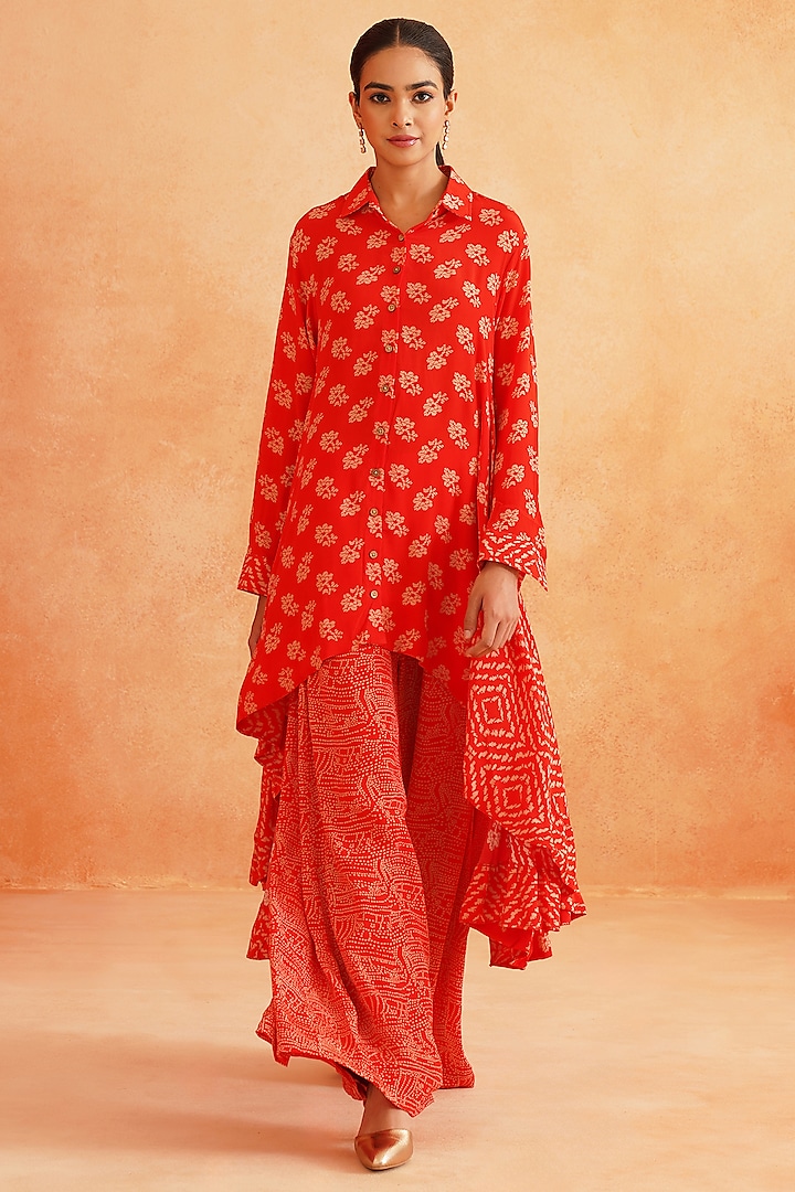 Scarlet Red Crepe Palazzo Pant Set by Palak & Mehak at Pernia's Pop Up Shop