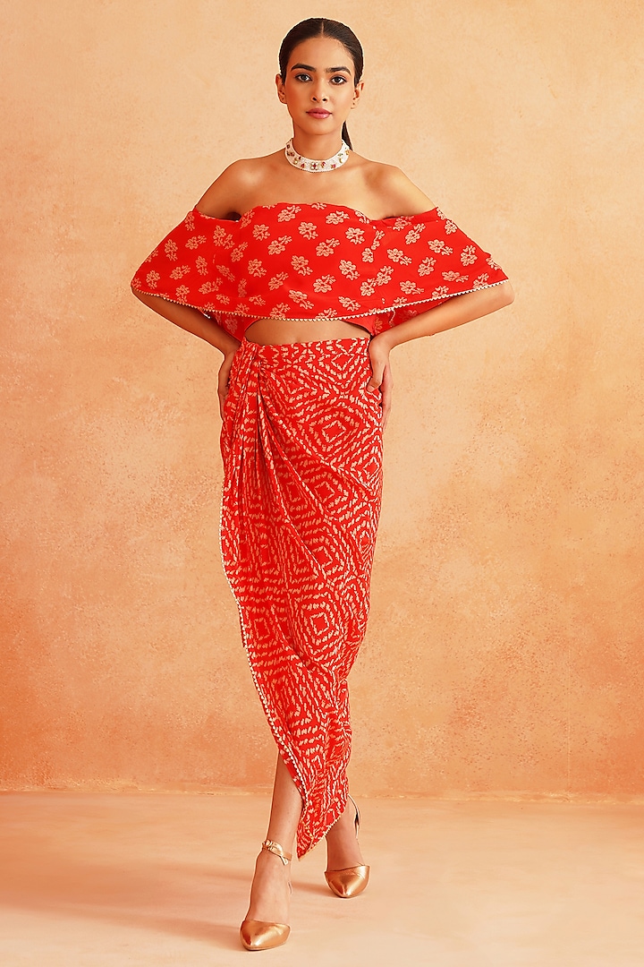 Red Pure Crepe Pre-Stitched Pleated Skirt Set by Palak & Mehak at Pernia's Pop Up Shop