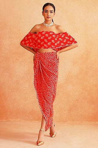 Red Pure Crepe Pre-Stitched Pleated Skirt Set by Palak & Mehak