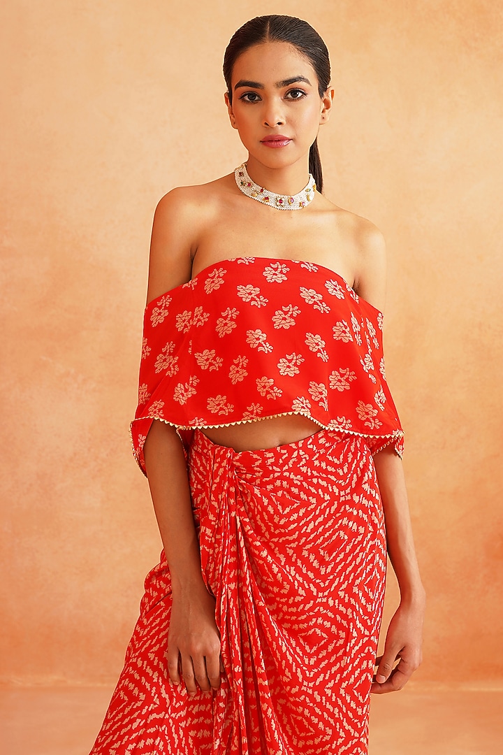 Red Pure Crepe Pre-Stitched Pleated Skirt Set by Palak & Mehak at Pernia's Pop Up Shop