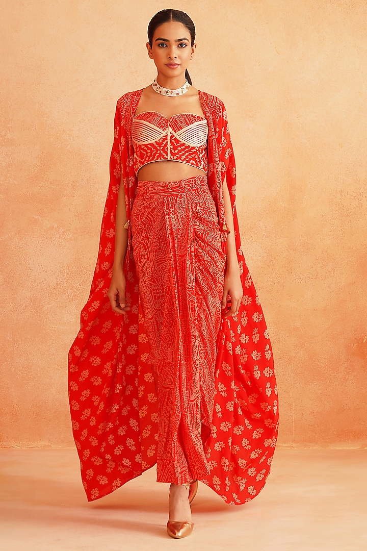 Scarlet Red Pure Crepe Printed Cape Set by Palak & Mehak at Pernia's Pop Up Shop