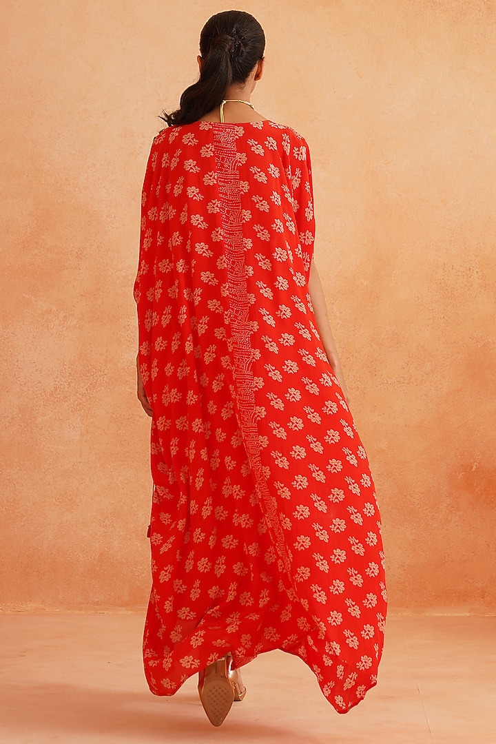 Scarlet Red Pure Crepe Printed Cape Set by Palak & Mehak at Pernia's Pop Up Shop