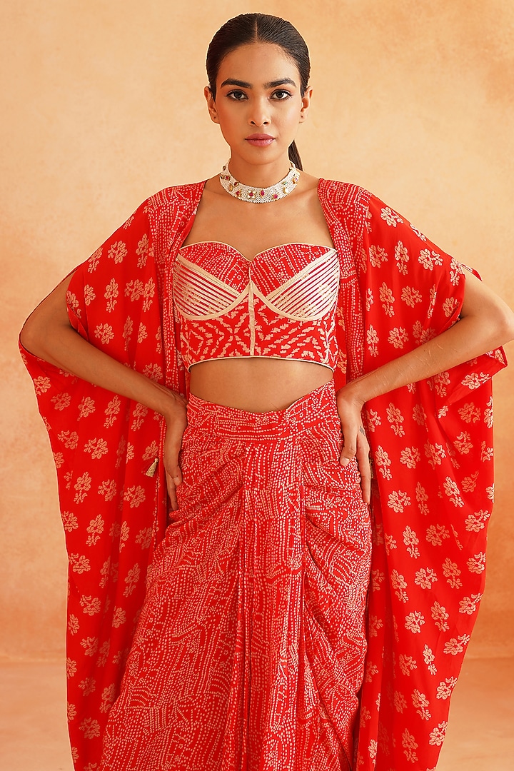 Scarlet Red Pure Crepe Printed Cape Set by Palak & Mehak at Pernia's Pop Up Shop