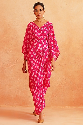 Hot Pink Pure Crepe Draped Dress by Palak & Mehak