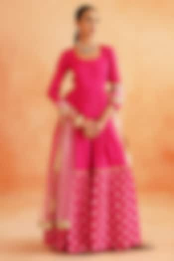 Hot Pink Pure Crepe Printed Anarkali Set by Palak & Mehak at Pernia's Pop Up Shop