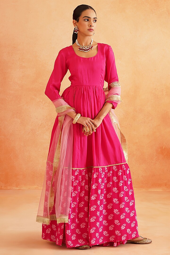 Hot Pink Pure Crepe Printed Anarkali Set by Palak & Mehak at Pernia's Pop Up Shop