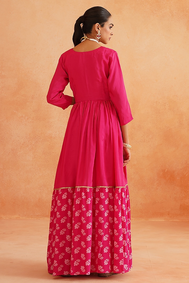 Hot Pink Pure Crepe Printed Party Wear Anarkali Set by Palak & Mehak at Pernia's Pop Up Shop