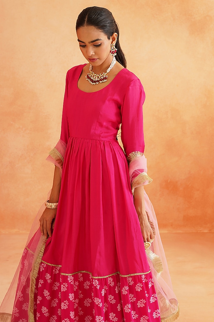 Hot Pink Pure Crepe Printed Party Wear Anarkali Set by Palak & Mehak at Pernia's Pop Up Shop