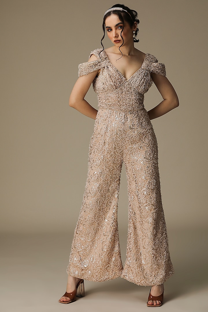 Rose Gold Polyester Embroidered Jumpsuit by PAMEEN