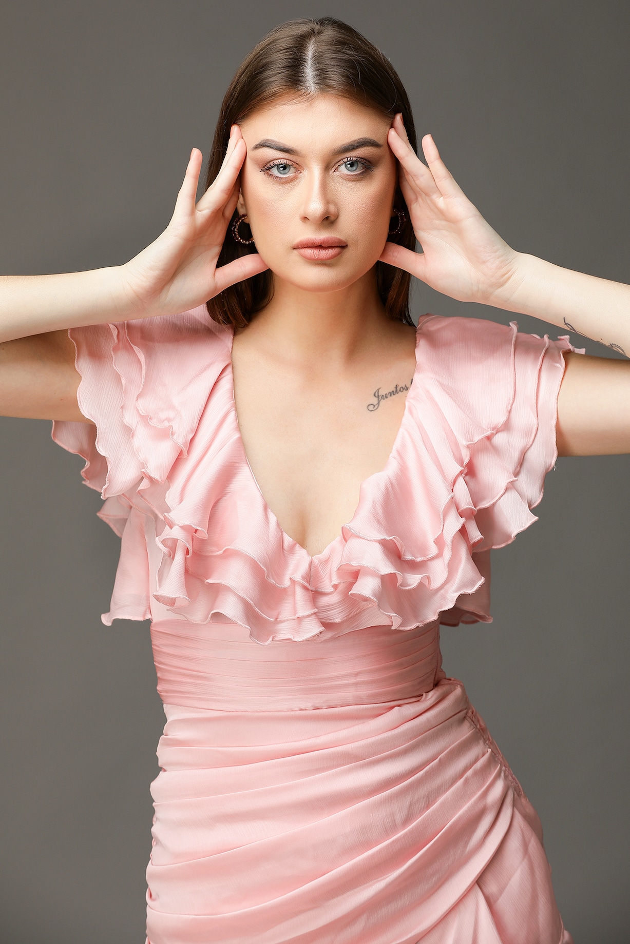 Pink satin ruffle store dress