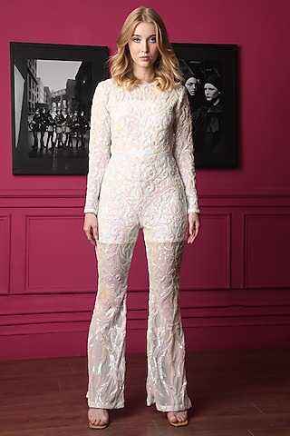 Off-White Mesh Floral Sequins Embroidered Jumpsuit by PAMEEN