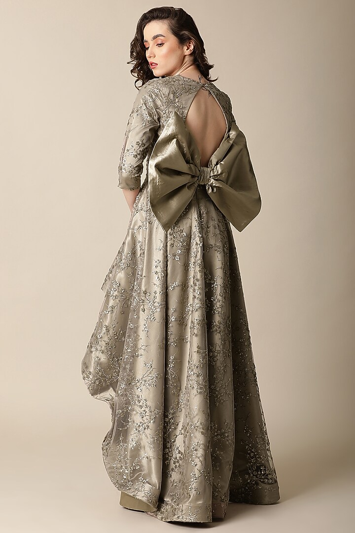 Dark Gold Soft Satin Embroidered High-Low Vacation Dress by PAMEEN at Pernia's Pop Up Shop