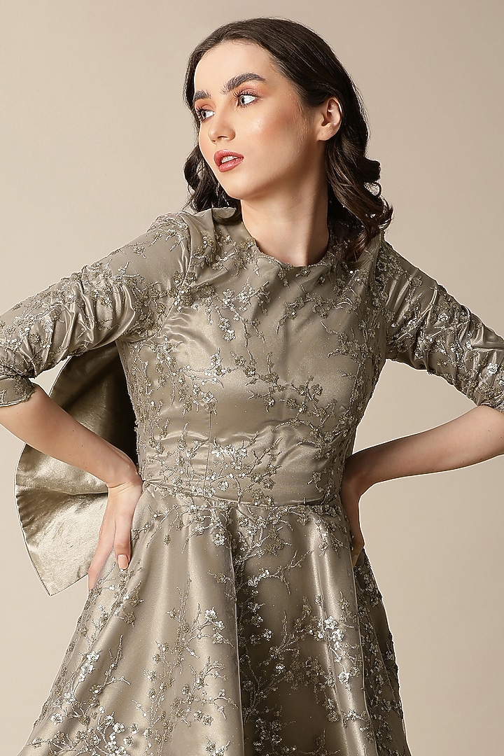 Dark Gold Soft Satin Embroidered High-Low Vacation Dress by PAMEEN at Pernia's Pop Up Shop