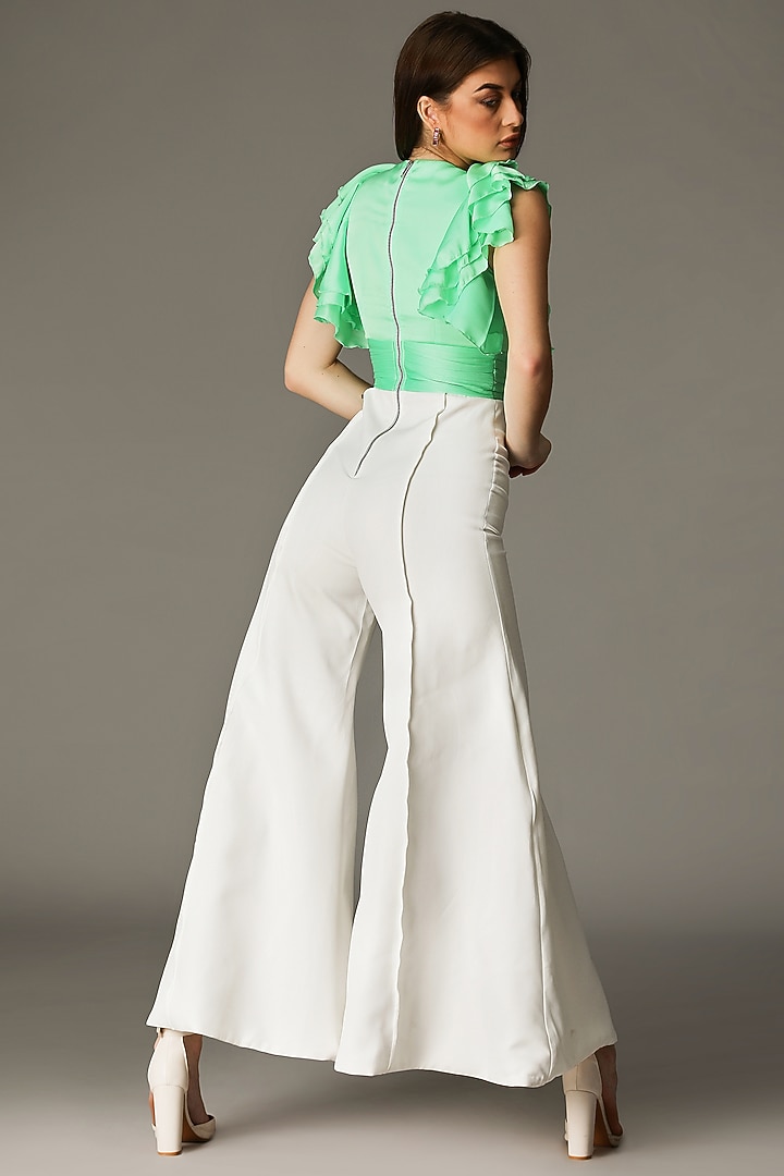 Green & White Polyester Flared Jumpsuit by PAMEEN at Pernia's Pop Up Shop