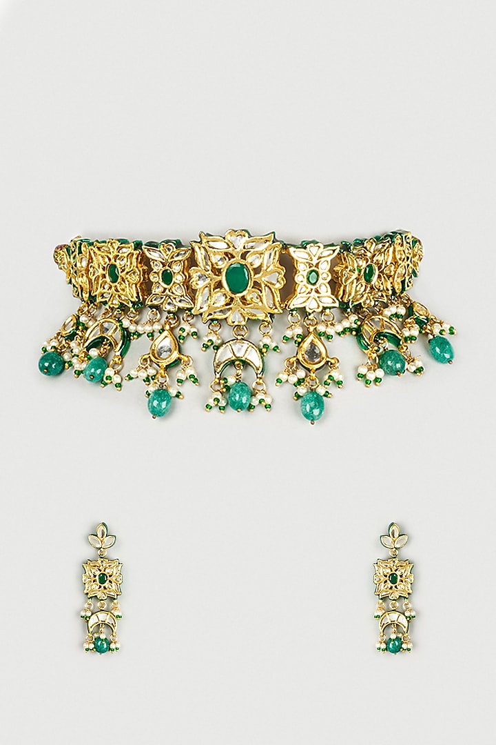 Gold Finish Kundan Polki Necklace Set by Payal Mittle