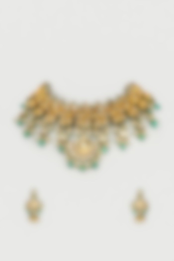 Gold Finish Green Beaded Necklace Set by Payal Mittle