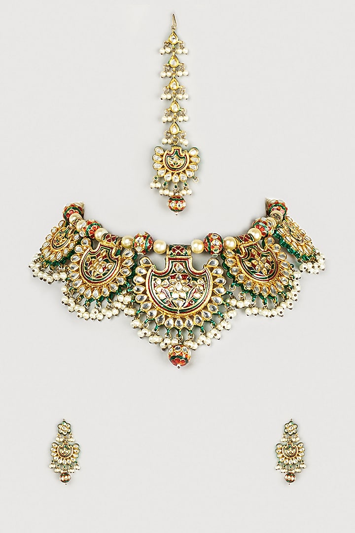Gold Finish Beaded Necklace Set With Kundan Polki by Payal Mittle