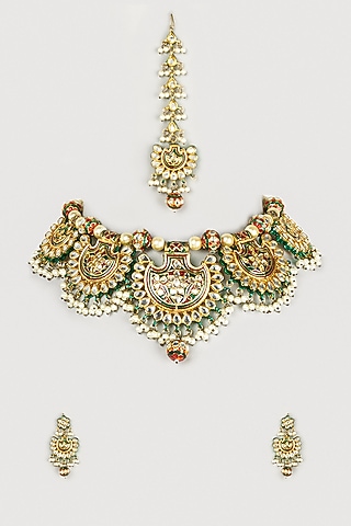 Gold Finish Beaded Necklace Set With Kundan Polki by Payal Mittle