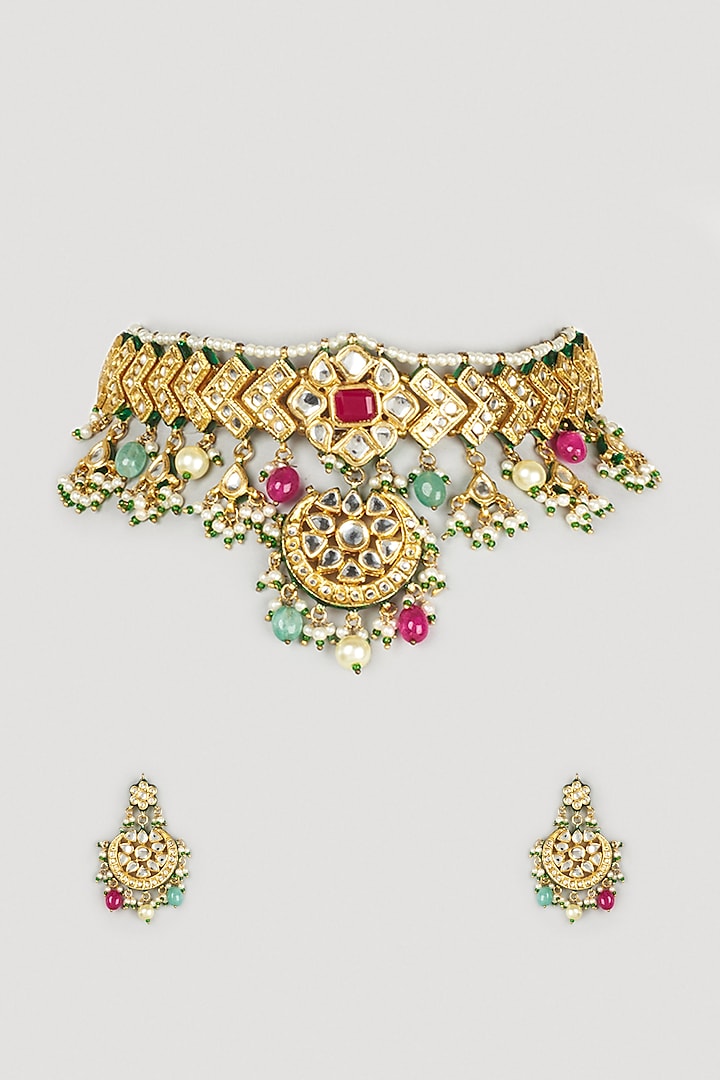 Gold Finish Multi-Colored Beaded Necklace Set by Payal Mittle