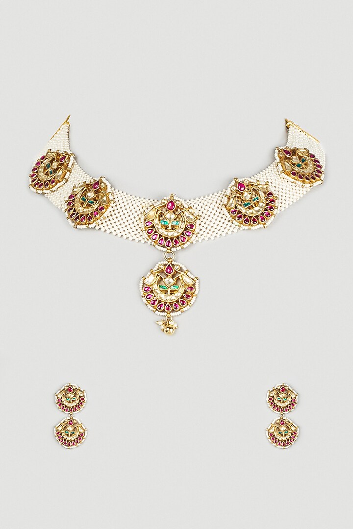 Gold Finish Kundan Polki & Pearls Necklace Set by Payal Mittle