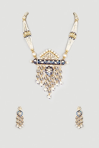 Gold Finish Necklace Set With Blue Beads by Payal Mittle