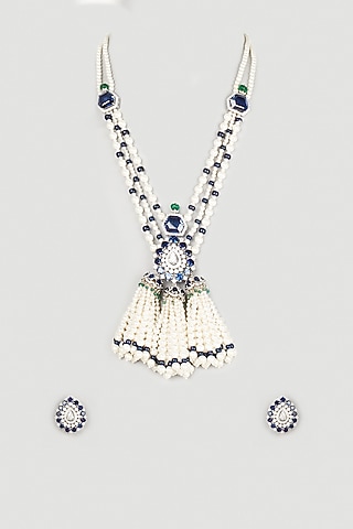 White Finish Necklace Set With Shell Pearls by Payal Mittle