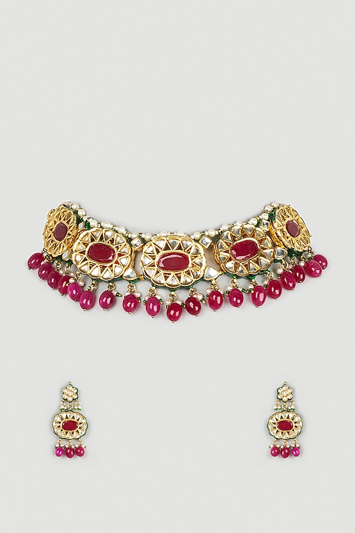 Gold Finish Beaded Necklace Set In Mixed Metal by Payal Mittle