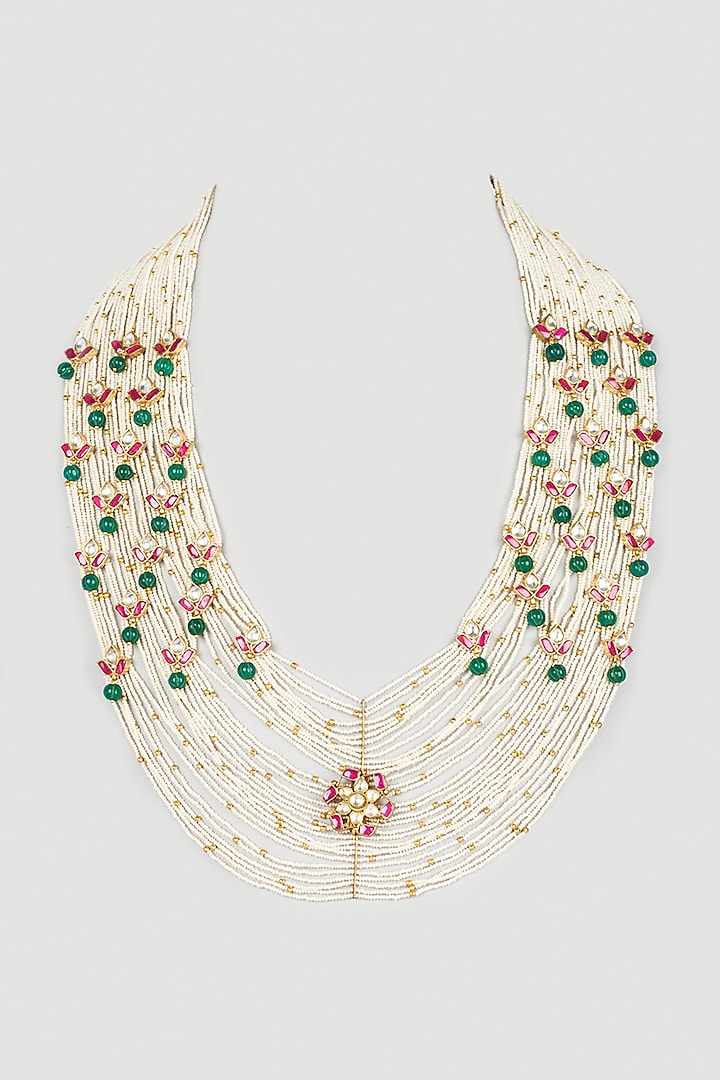 Gold Finish Necklace Set With Green Beads by Payal Mittle