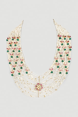 Gold Finish Necklace Set With Green Beads by Payal Mittle