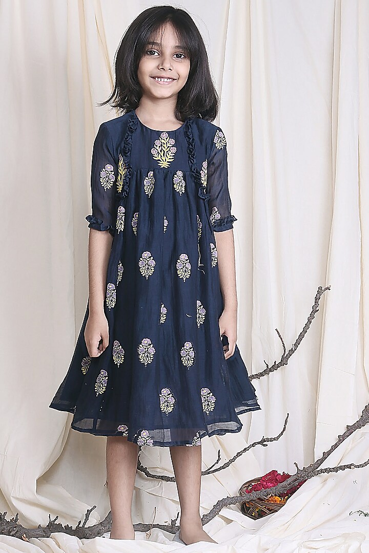 Midnight Blue Hand Embroidered Frock by Pandulipi