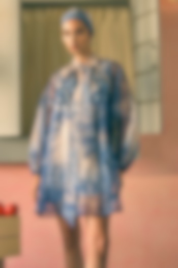 Royal Azure Silk Organza Digital Printed Mini Cocktail Dress by Pankaj & Nidhi at Pernia's Pop Up Shop