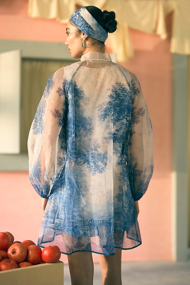 Royal Azure Silk Organza Digital Printed Mini Cocktail Dress by Pankaj & Nidhi at Pernia's Pop Up Shop
