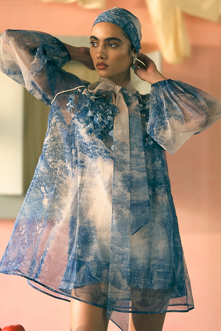 Royal Azure Silk Organza Digital Printed Mini Cocktail Dress by Pankaj & Nidhi at Pernia's Pop Up Shop