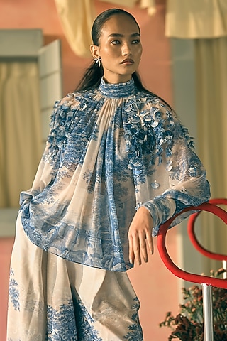 Sapphire Chiffon Digital Printed Top by Pankaj & Nidhi