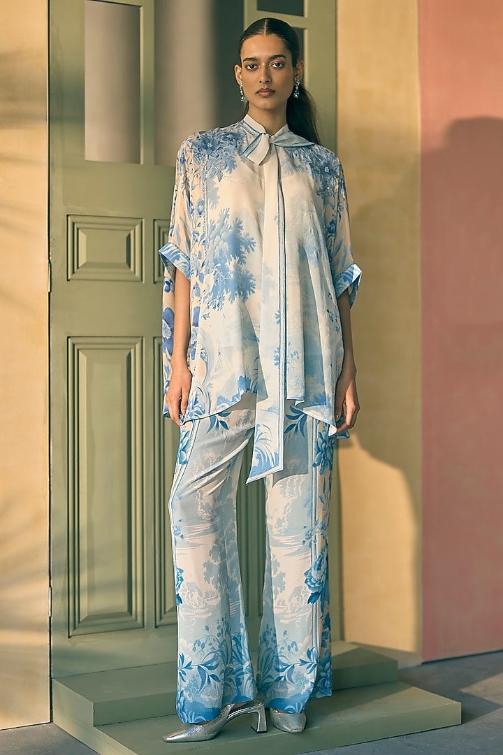 River Blue Silk Crepe Printed & Embroidered Tunic Set by Pankaj & Nidhi at Pernia's Pop Up Shop