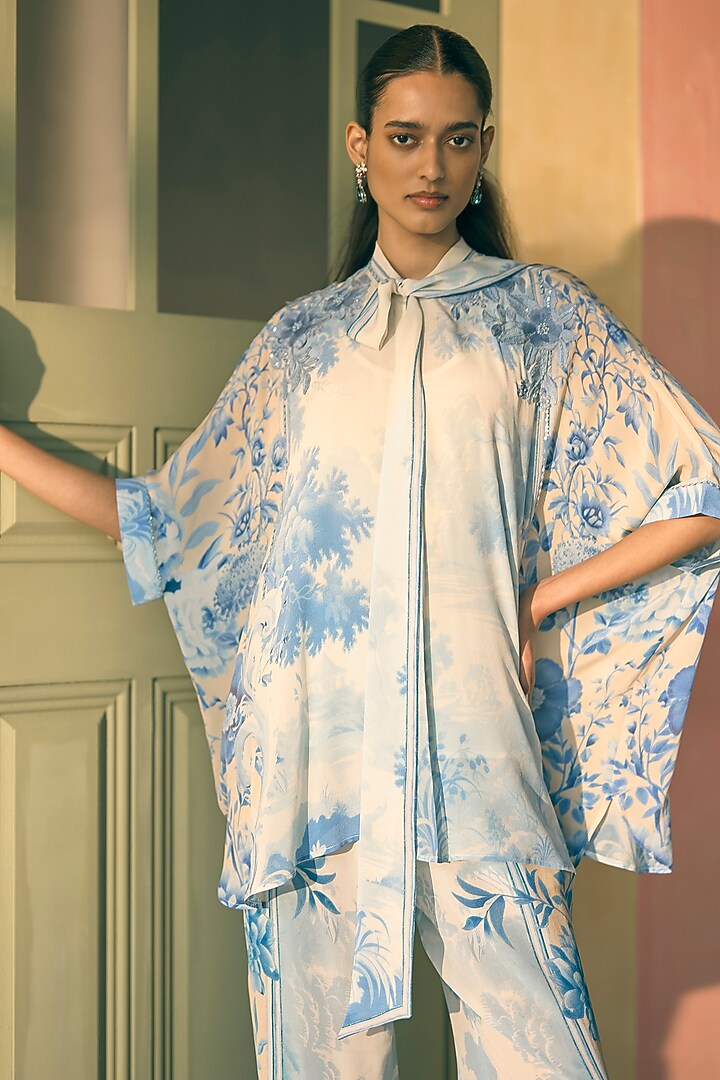 River Blue Silk Crepe Printed & Embroidered Tunic Set by Pankaj & Nidhi at Pernia's Pop Up Shop