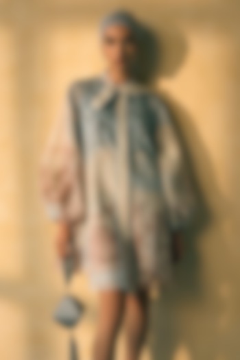 River Blue Organza Digital Printed Mini Vacation Dress by Pankaj & Nidhi at Pernia's Pop Up Shop