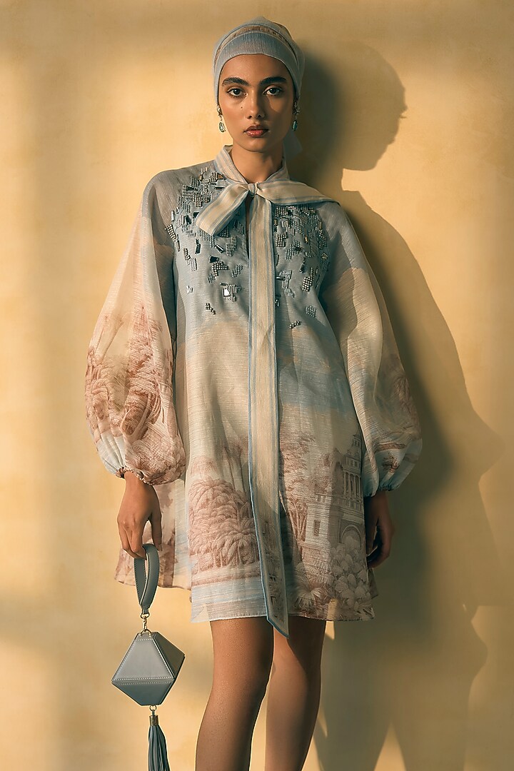 River Blue Organza Digital Printed Mini Vacation Dress by Pankaj & Nidhi at Pernia's Pop Up Shop