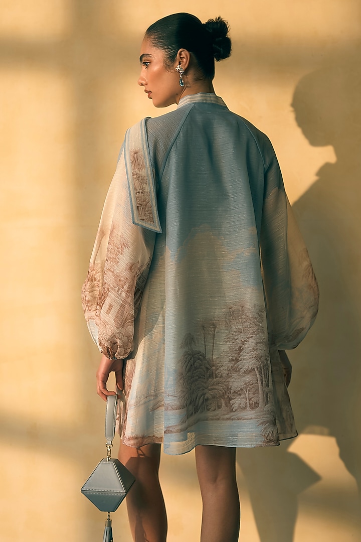 River Blue Organza Digital Printed Mini Vacation Dress by Pankaj & Nidhi at Pernia's Pop Up Shop