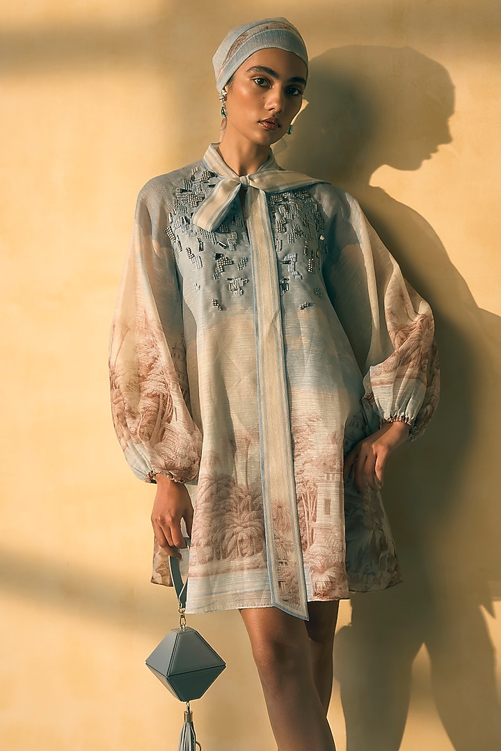 River Blue Organza Digital Printed Mini Vacation Dress by Pankaj & Nidhi at Pernia's Pop Up Shop