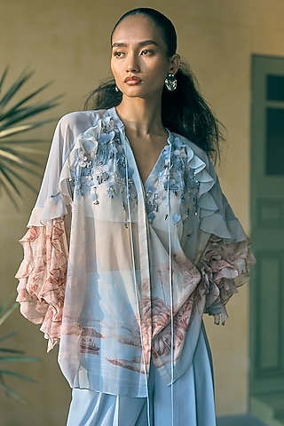 River Blue Chiffon Digital Printed Top by Pankaj & Nidhi