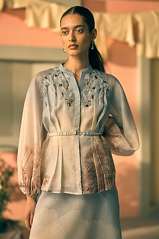 Butter Yellow Silk Organza Digital Printed Top by Pankaj & Nidhi