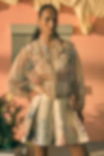 Butter Yellow Satin Twill Digital Printed Co-Ord Set by Pankaj & Nidhi at Pernia's Pop Up Shop