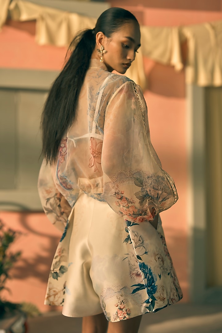 Butter Yellow Satin Twill Digital Printed Co-Ord Set by Pankaj & Nidhi at Pernia's Pop Up Shop
