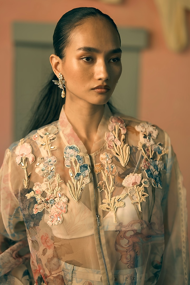 Butter Yellow Satin Twill Digital Printed Co-Ord Set by Pankaj & Nidhi at Pernia's Pop Up Shop