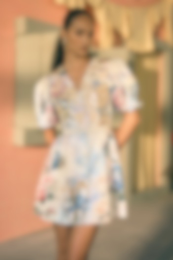 Butter Yellow Slub Satin Digital Printed Mini Cocktail Dress by Pankaj & Nidhi at Pernia's Pop Up Shop