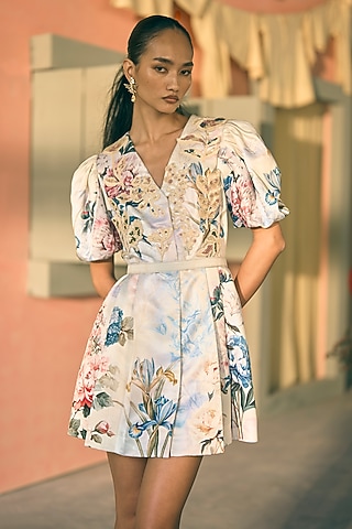 Butter Yellow Slub Satin Digital Printed Mini Dress by Pankaj & Nidhi