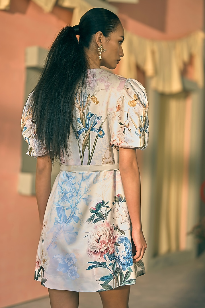 Butter Yellow Slub Satin Digital Printed Mini Cocktail Dress by Pankaj & Nidhi at Pernia's Pop Up Shop